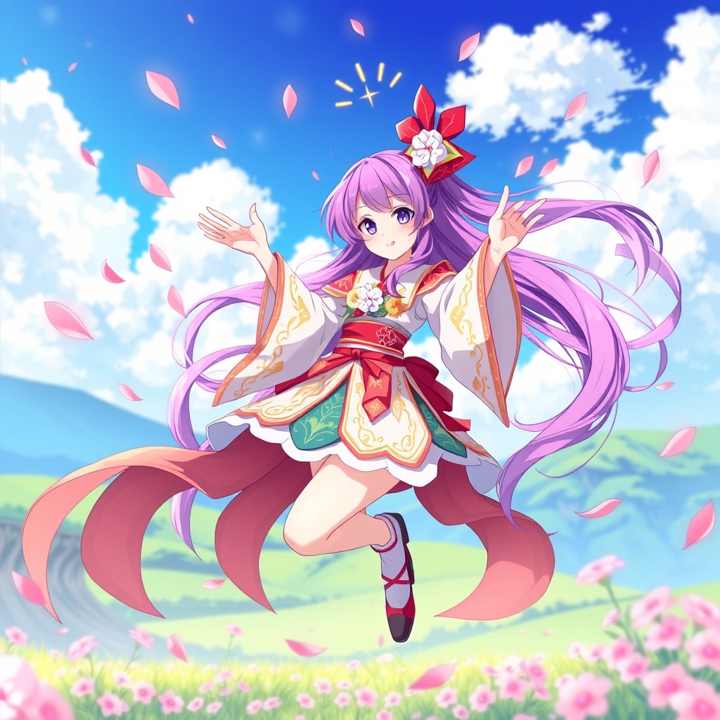 A vibrant and colorful representation of a character named Miko, featuring her with long flowing hair styled in bright, eye-catching colors, wearing an intricately designed outfit adorned with Japanese-inspired patterns and motifs