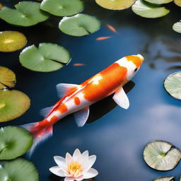 A vibrant koi fish swimming gracefully in a clear pond filled with pastel colored water lilies, under a soft sunlight.