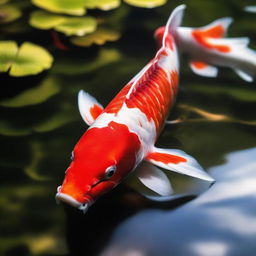 Closeup of a Kohaku Koi fish, vibrant and majestic, swimming serenely in a clear pond with rays of sunshine highlighting its brilliantly contrasting red and white scales.