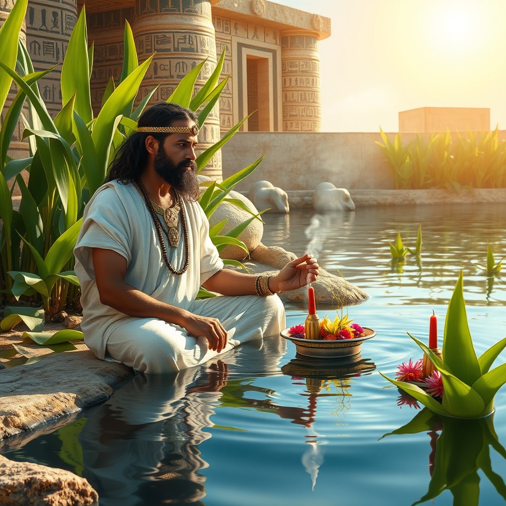 An Ancient Egyptian priest performing a water purification ritual by the banks of the Nile, surrounded by lush papyrus plants