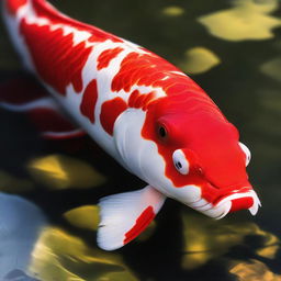 Closeup of a Kohaku Koi fish, vibrant and majestic, swimming serenely in a clear pond with rays of sunshine highlighting its brilliantly contrasting red and white scales.