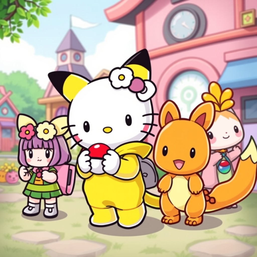 A vibrant and playful scene featuring Hello Kitty characters cosplaying as iconic Pokémon and their trainers
