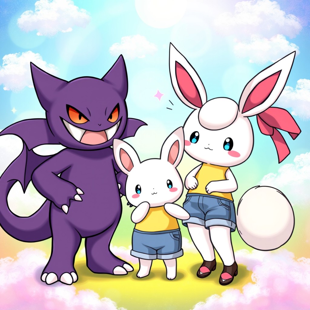 A whimsical and colorful scene featuring Kuromi cosplaying as Gengar, showcasing her mischievous nature with a dark purple outfit that features Gengar's signature grin and ghostly features