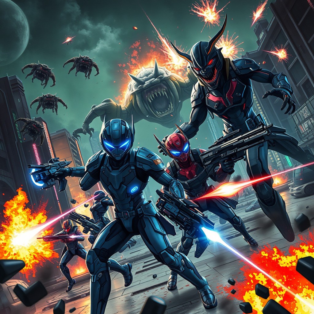 A dynamic sci-fi scene depicting an intense battle with futuristic warriors in high-tech suits, inspired by the style of the anime Gantz