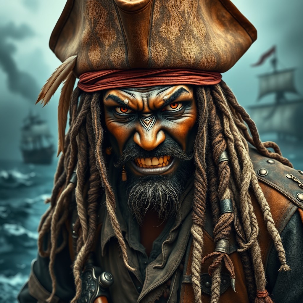 A fearsome pirate with dark skin, sporting multiple piercings, and long white dreadlocks that cascade down to his waist