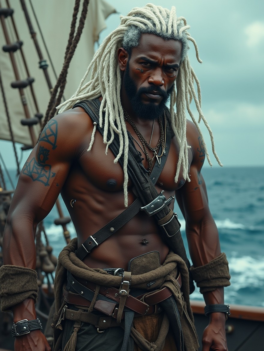 A fearsome pirate with dark skin, showcasing a confident stance aboard a pirate ship