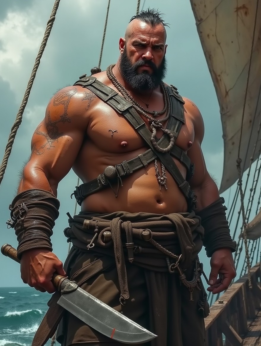 A huge, imposing pirate with sun-tanned skin, exuding a fearsome presence aboard a weathered ship