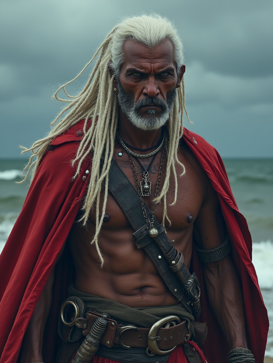 A fearsome pirate with dark skin and no hair on his body, showcasing his numerous scars that tell a story of battles fought