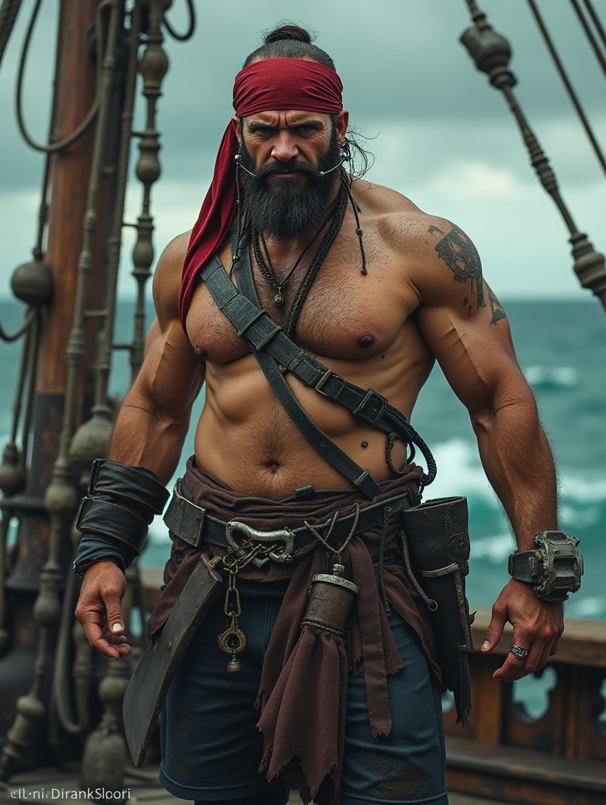 A fearsome, imposing pirate with sun-tanned skin and a muscular physique stands confidently on the deck of a pirate ship