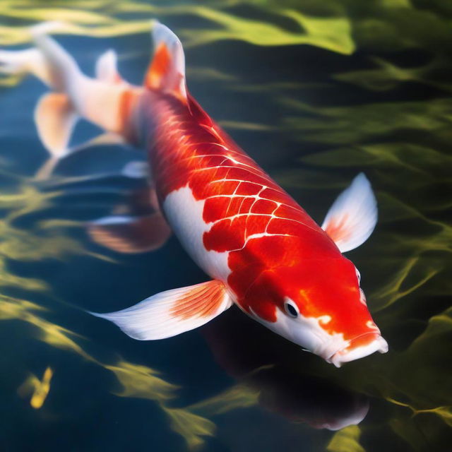 Closeup of a Kohaku Koi fish, vibrant and majestic, swimming serenely in a clear pond with rays of sunshine highlighting its brilliantly contrasting red and white scales.