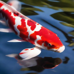 Closeup of a Kohaku Koi fish, vibrant and majestic, swimming serenely in a clear pond with rays of sunshine highlighting its brilliantly contrasting red and white scales.