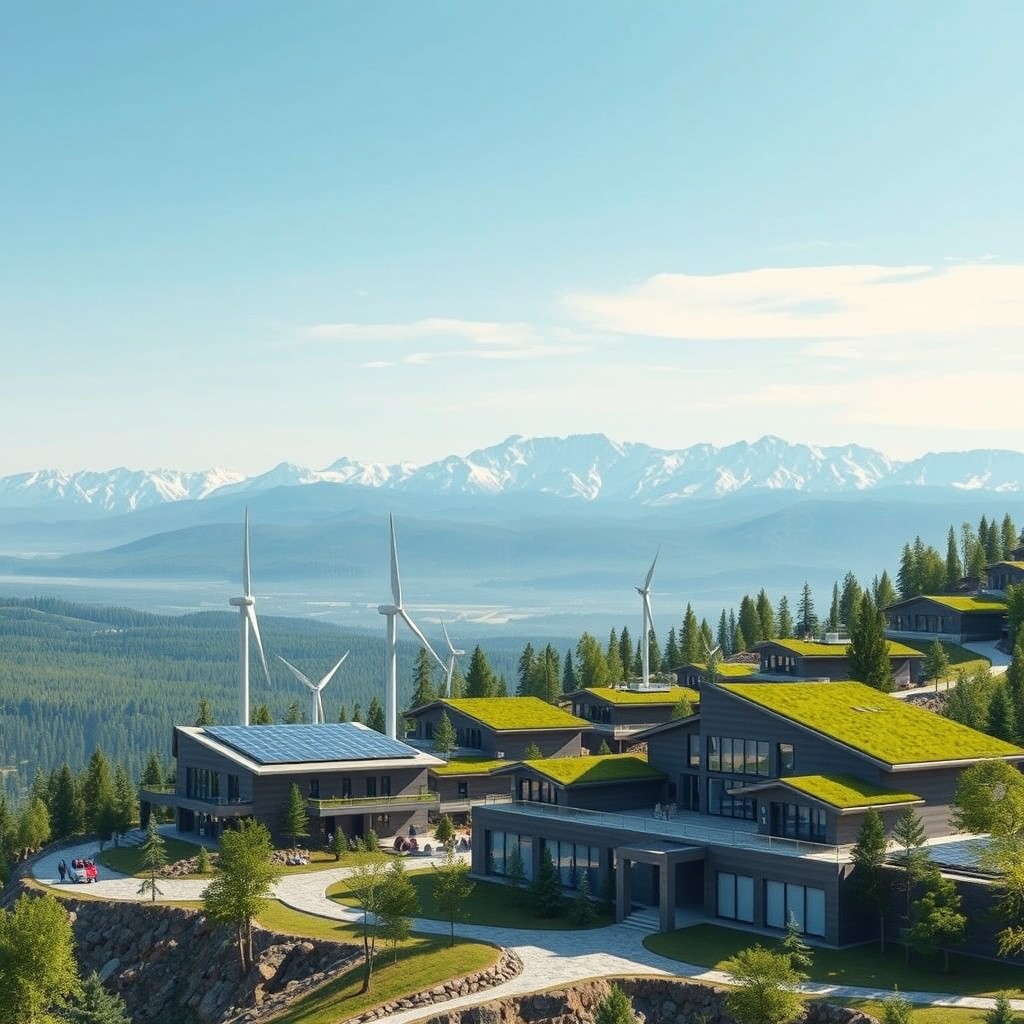 A futuristic village design utilizing renewable energy, featuring advanced lithium batteries and accumulators, set against the breathtaking backdrop of Siberian nature