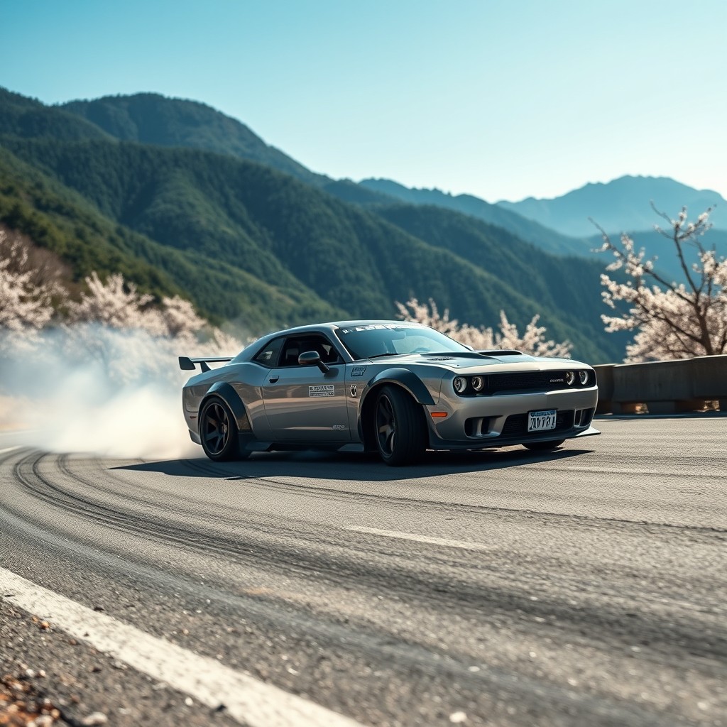 A dynamic scene capturing a sleek, modified drift car expertly maneuvering through a tight winding mountain road in Japan