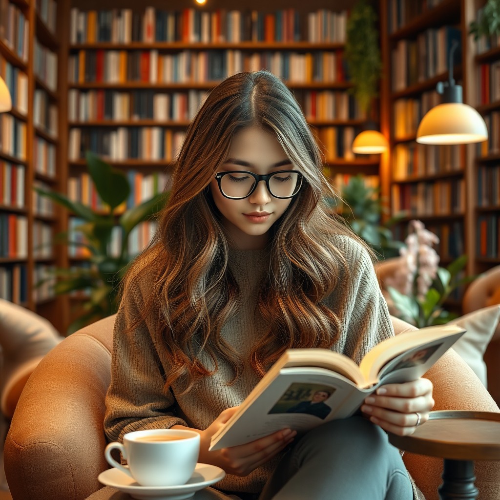 A young woman sitting in a cozy library filled with books
