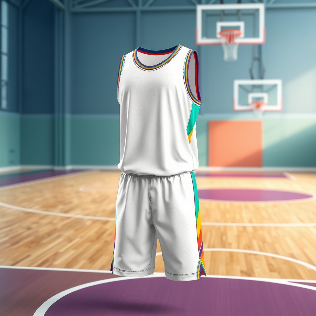 A detailed 3D mockup of a basketball uniform in white, featuring a sleek design with vibrant accent colors