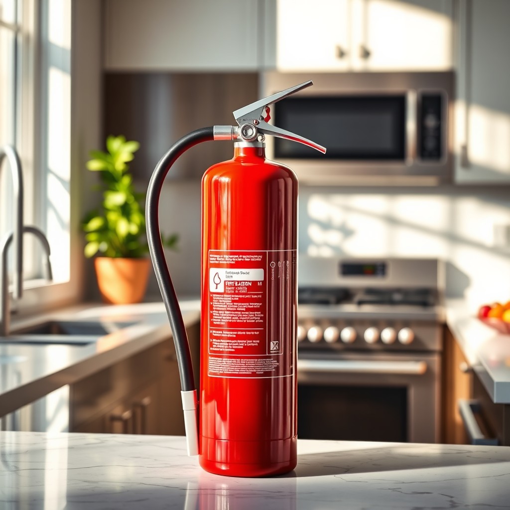 A realistic fire extinguisher prominently displayed in a modern kitchen setting