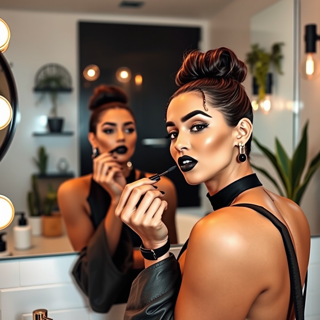 A stylish woman applying black lipstick in a chic, modern bathroom