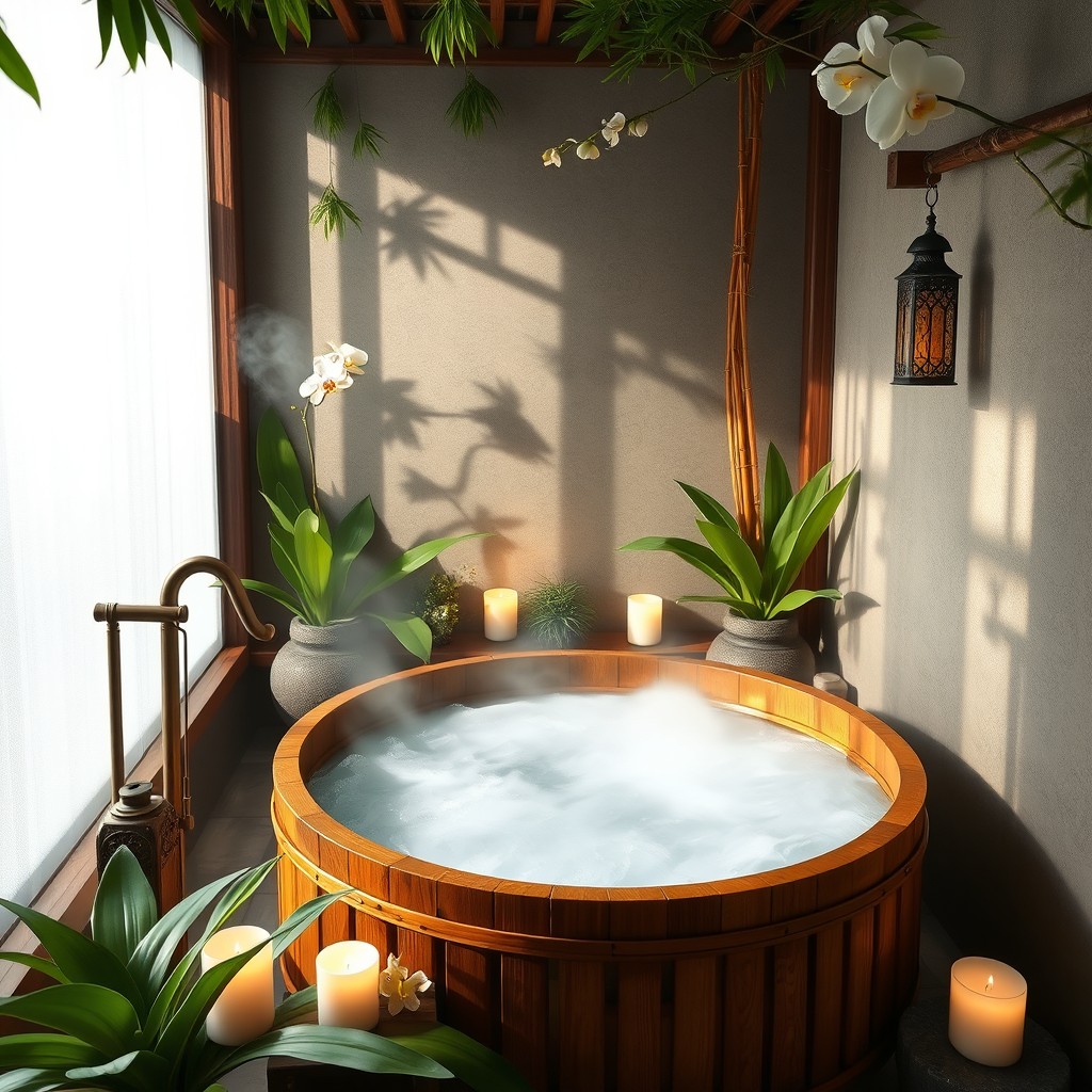 A serene Asian bath scene featuring elegant bamboo decor and a traditional wooden tub filled with steaming water