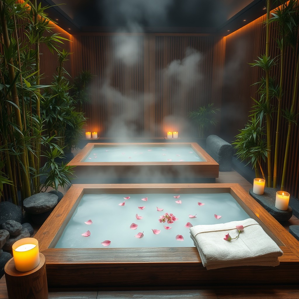 A serene and tranquil Asian bath setting featuring large wooden bathtubs surrounded by lush bamboo plants, stones, and candles