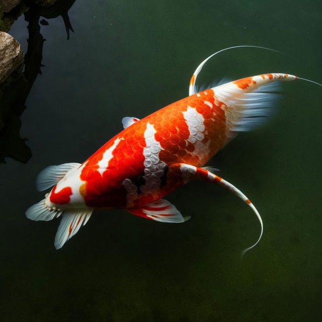 An underwater scene featuring a fat koi fish, with striking patterns of red and white, blending harmoniously with the tranquil water around it.