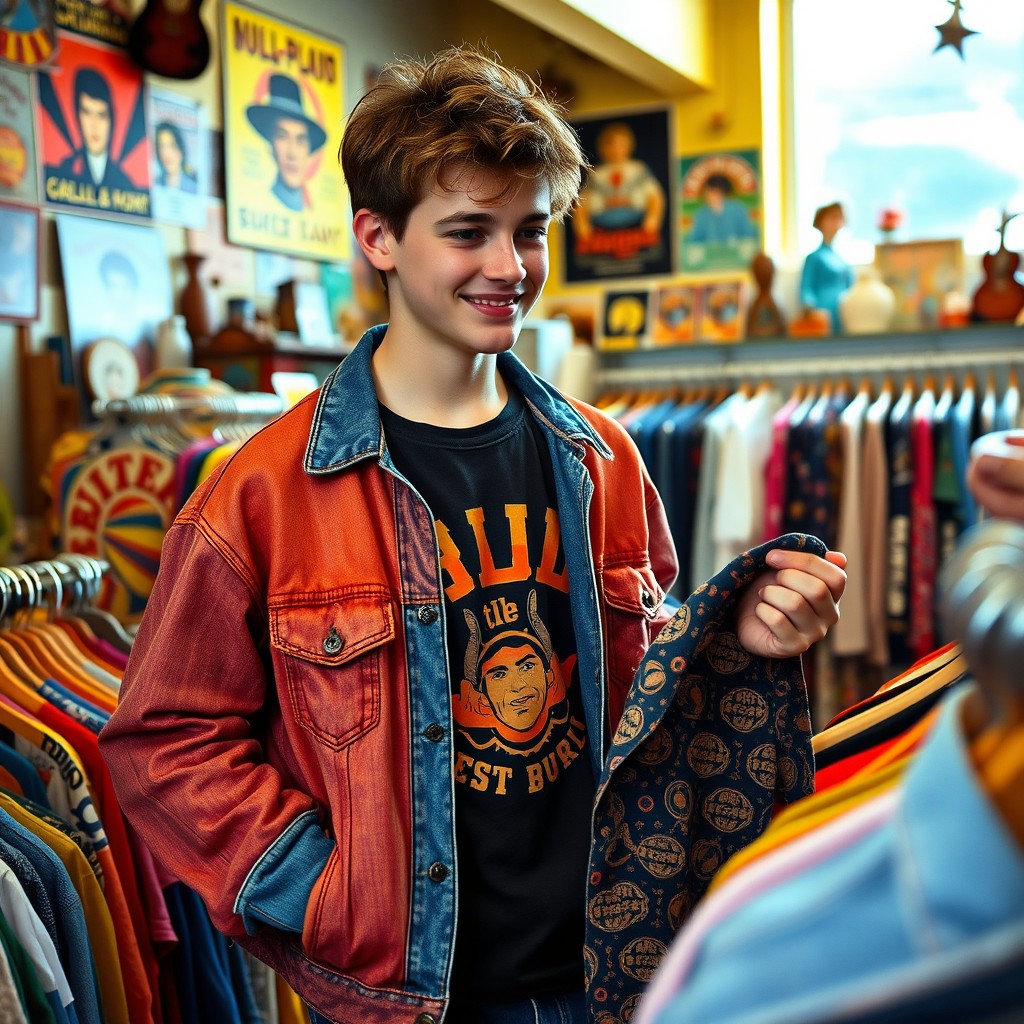 A 17-year-old senior named Theo, a cool and laid-back boy with an eclectic style, is shown in a vibrant thrift store filled with unique and vintage clothing items