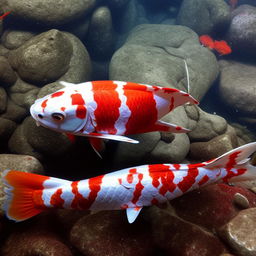 An underwater scene featuring a fat koi fish, with striking patterns of red and white, blending harmoniously with the tranquil water around it.