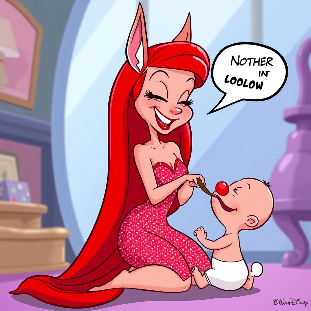 A whimsical and playful cartoon-style image depicting Jessica Rabbit with her iconic long red hair and sparkling red dress, in a lighthearted and humorous setting with Baby Herman, the cheeky animated baby with a cigar