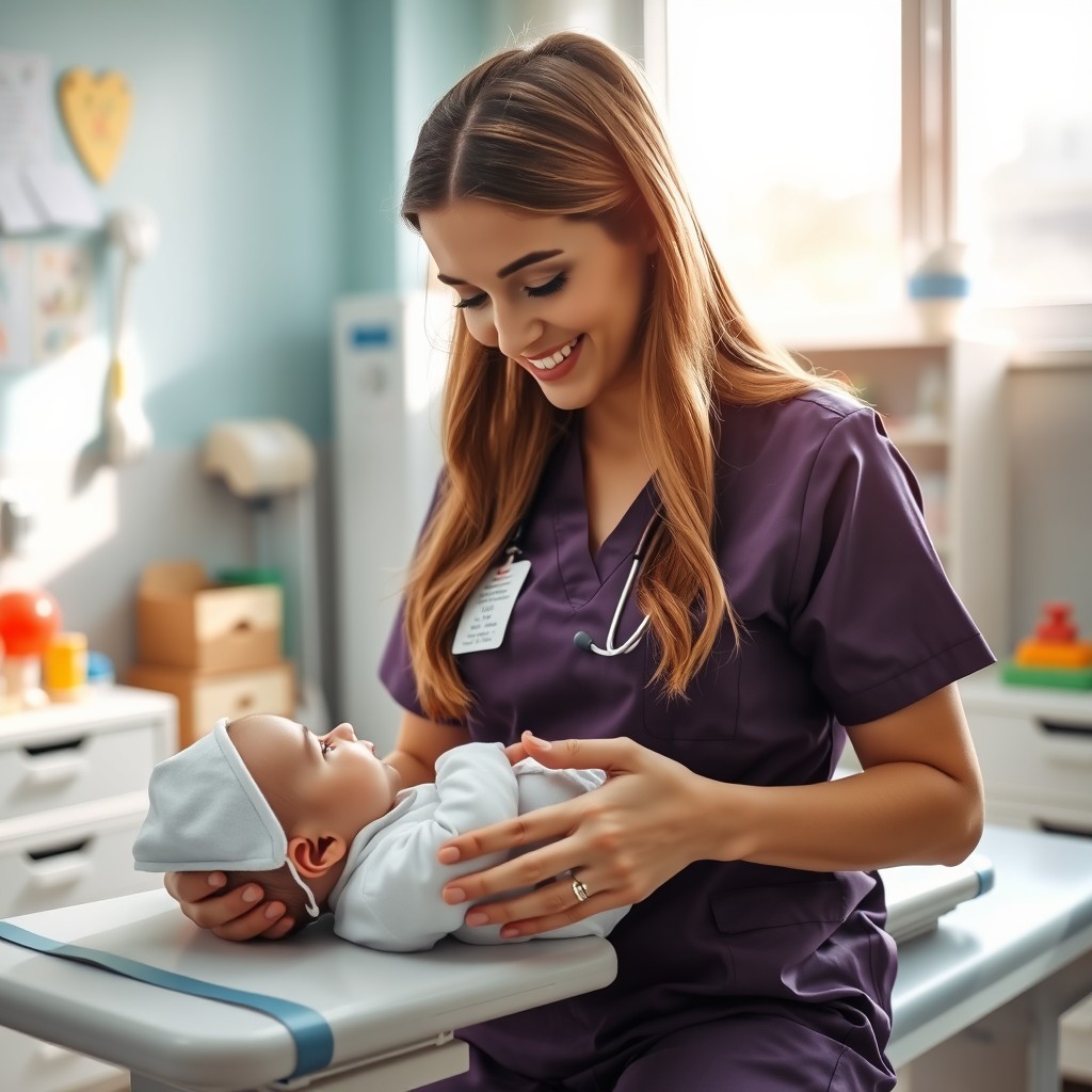 A professional and heartwarming scene showcasing a hot female nurse in a stylish yet practical uniform, with an engaging smile as she gently gives a baby a check-up