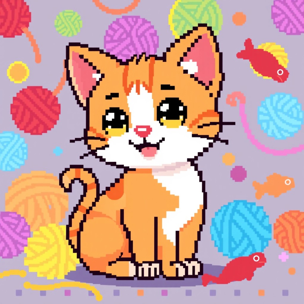 A vibrant 8-bit pixel art representation of a cute cat, featuring a colorful background filled with playful elements like yarn balls and fish