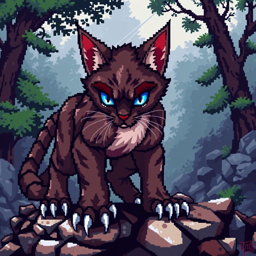 A detailed pixel art representation of a fierce and courageous warrior cat, featuring vibrant colors and intricate pixel designs