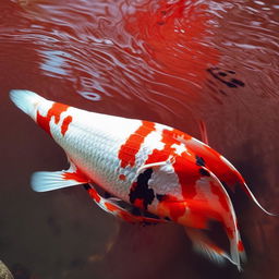 An underwater scene featuring a fat koi fish, with striking patterns of red and white, blending harmoniously with the tranquil water around it.