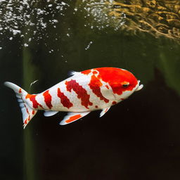 An underwater scene featuring a fat koi fish, with striking patterns of red and white, blending harmoniously with the tranquil water around it.