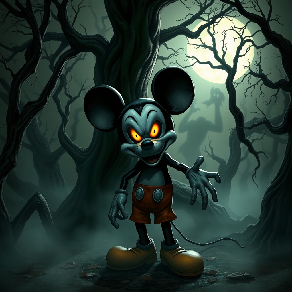 A chilling depiction of a creepy Mickey Mouse, featuring exaggerated and eerie facial features with glowing eyes, standing amidst a dark and twisted forest