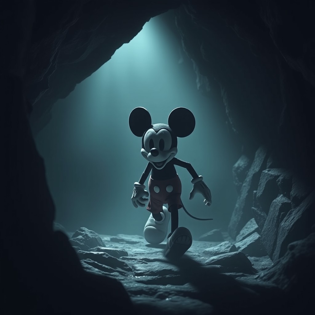 A creepy version of Mickey Mouse, devoid of eyes, is walking through a dark and eerie cave