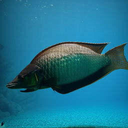 A majestic Arowana fish effortlessly gliding through clear, tranquil underwater surroundings.