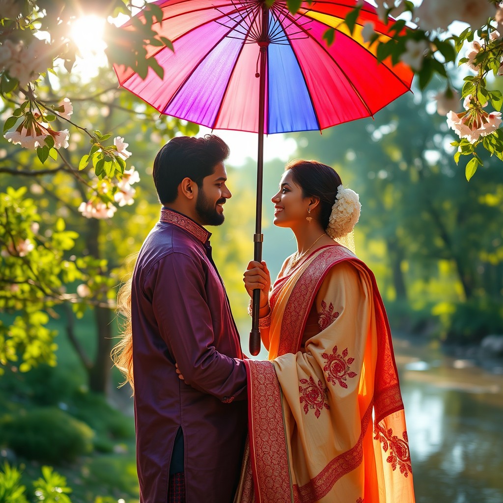 A beautiful, intimate scene of a romantic couple in India, sharing a tender moment in a scenic outdoor setting