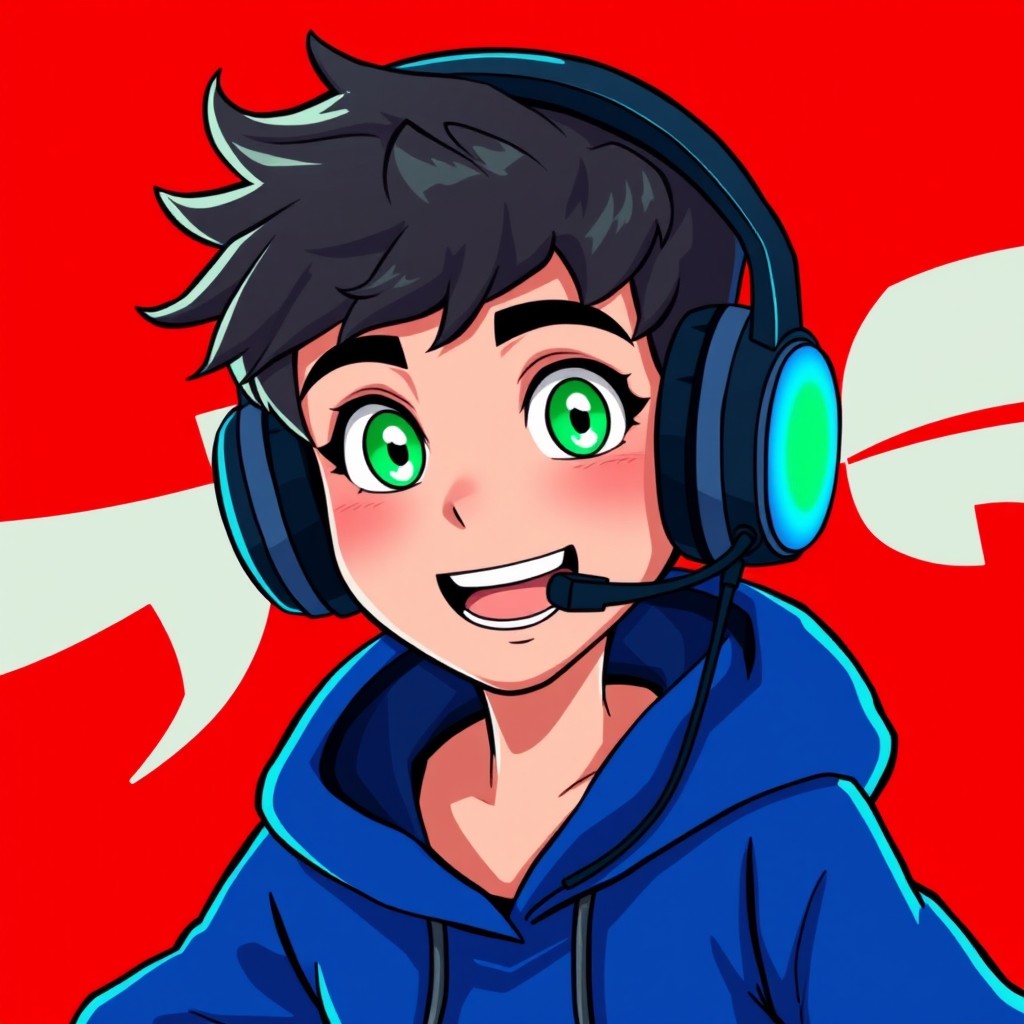 An animated character featuring a young man with striking green eyes and a black gamer headset