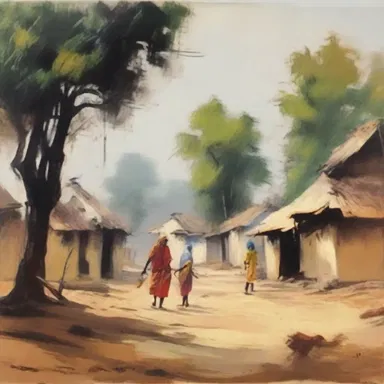 The artist used crude brush strokes to depict the simplicity and rawness of village life.