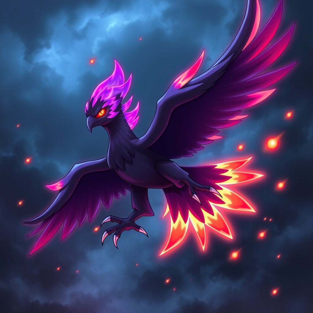A majestic Pokémon named Solblaze, a Fire/Dark type characterized as a striking crow-eagle hybrid