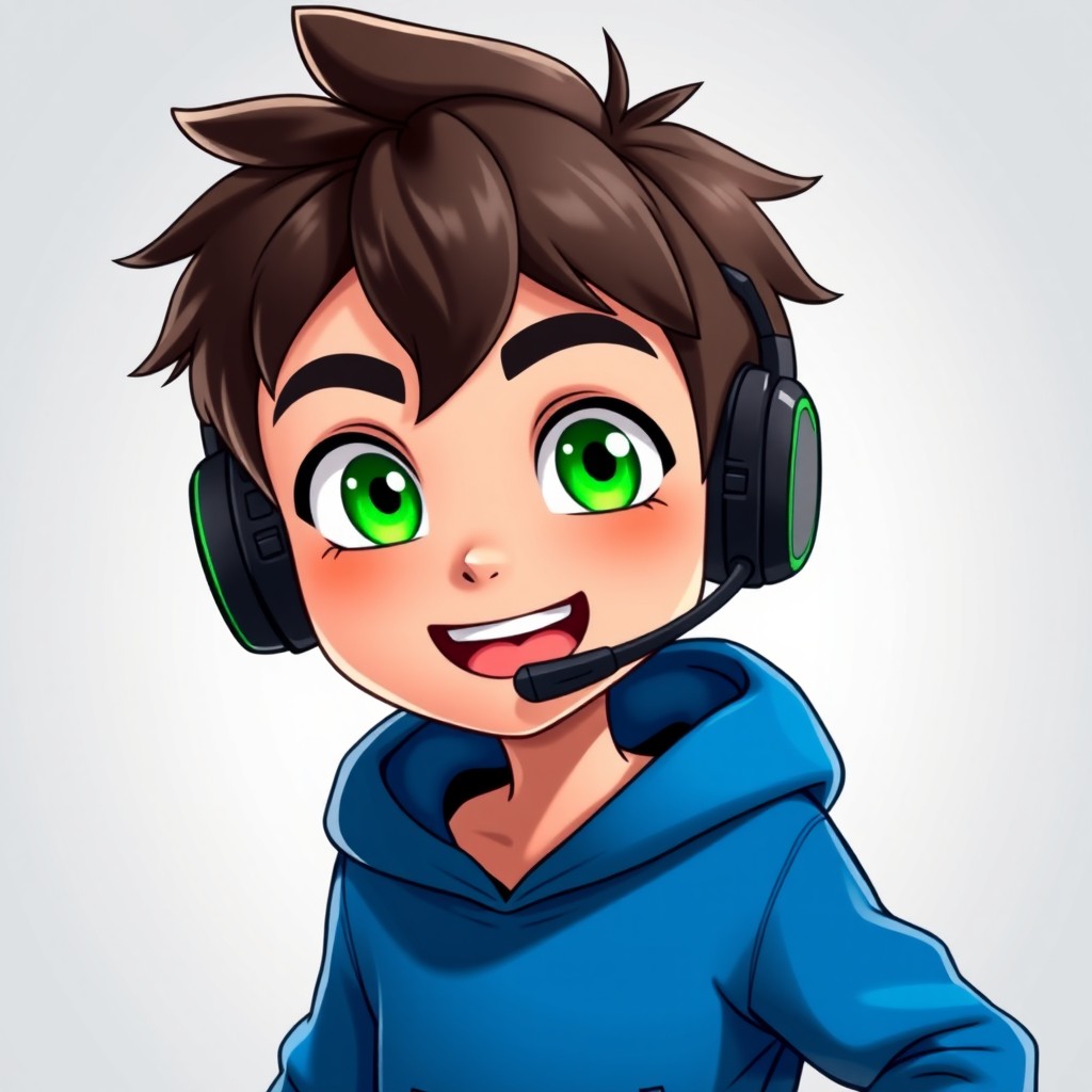 An animated character featuring a young man with bright green eyes and a sleek black gamer headset