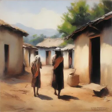 The artist used crude brush strokes to depict the simplicity and rawness of village life.