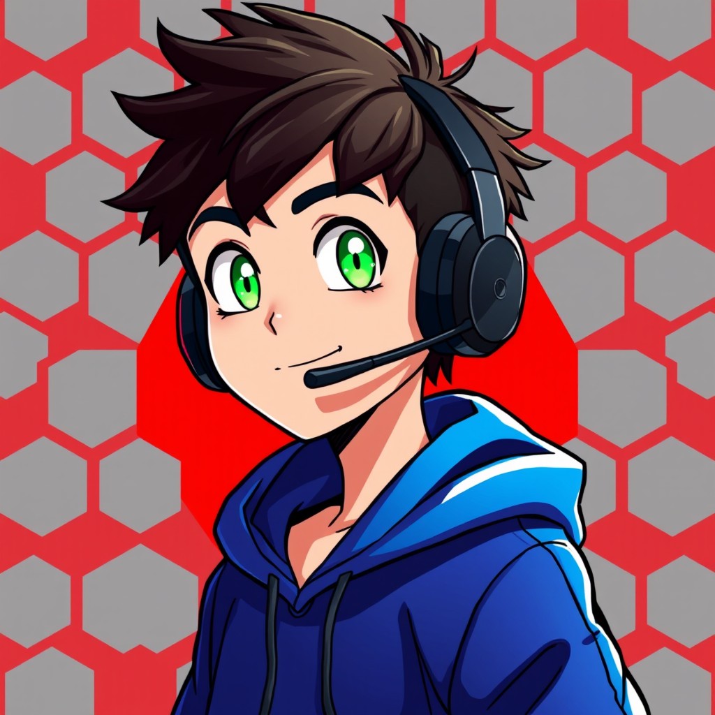 An animated character featuring a young man with bright green eyes and a sleek black gamer headset
