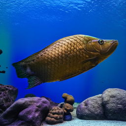 A majestic Arowana fish effortlessly gliding through clear, tranquil underwater surroundings.