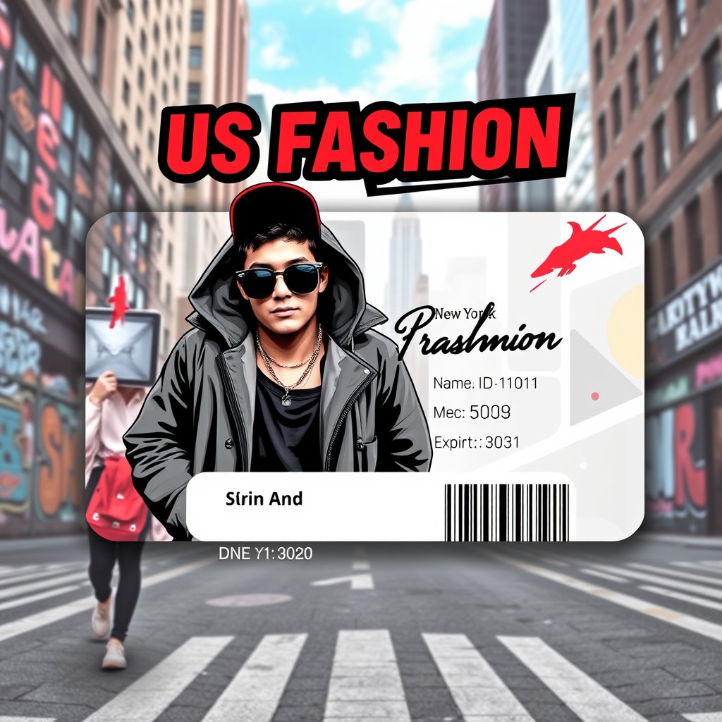 A creative ID card design influenced by US fashion trends, featuring elements such as bold colors, sleek typography, and modern patterns