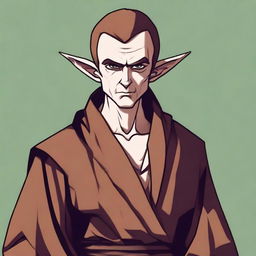 A digital art image in high resolution, portraying a grumpy elf monk with chestnut hair