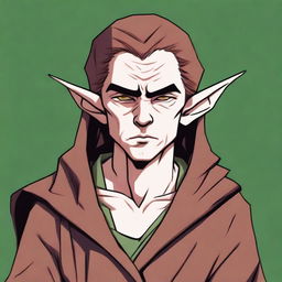 A digital art image in high resolution, portraying a grumpy elf monk with chestnut hair