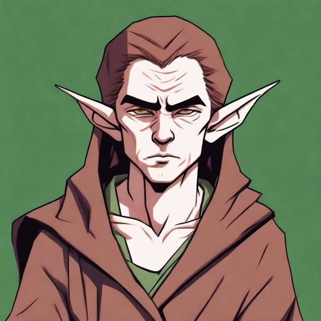 A digital art image in high resolution, portraying a grumpy elf monk with chestnut hair