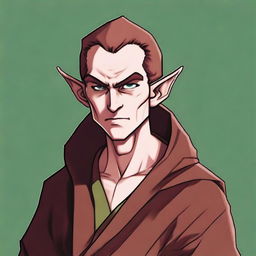 A digital art image in high resolution, portraying a grumpy elf monk with chestnut hair