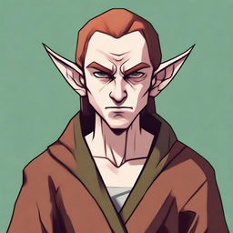 A digital art image in high resolution, portraying a grumpy elf monk with chestnut hair