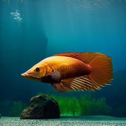 A majestic Arowana fish effortlessly gliding through clear, tranquil underwater surroundings.